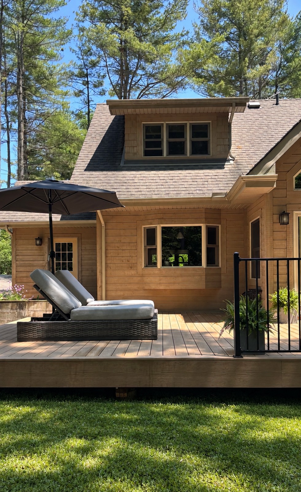A composite deck and outdoor seating alongside a cottage exterior.