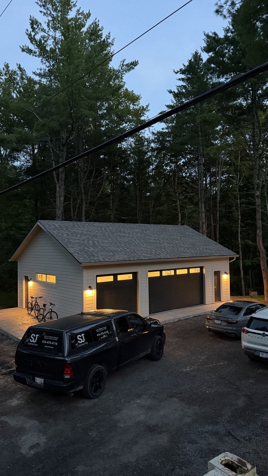 Detached garage at dusk