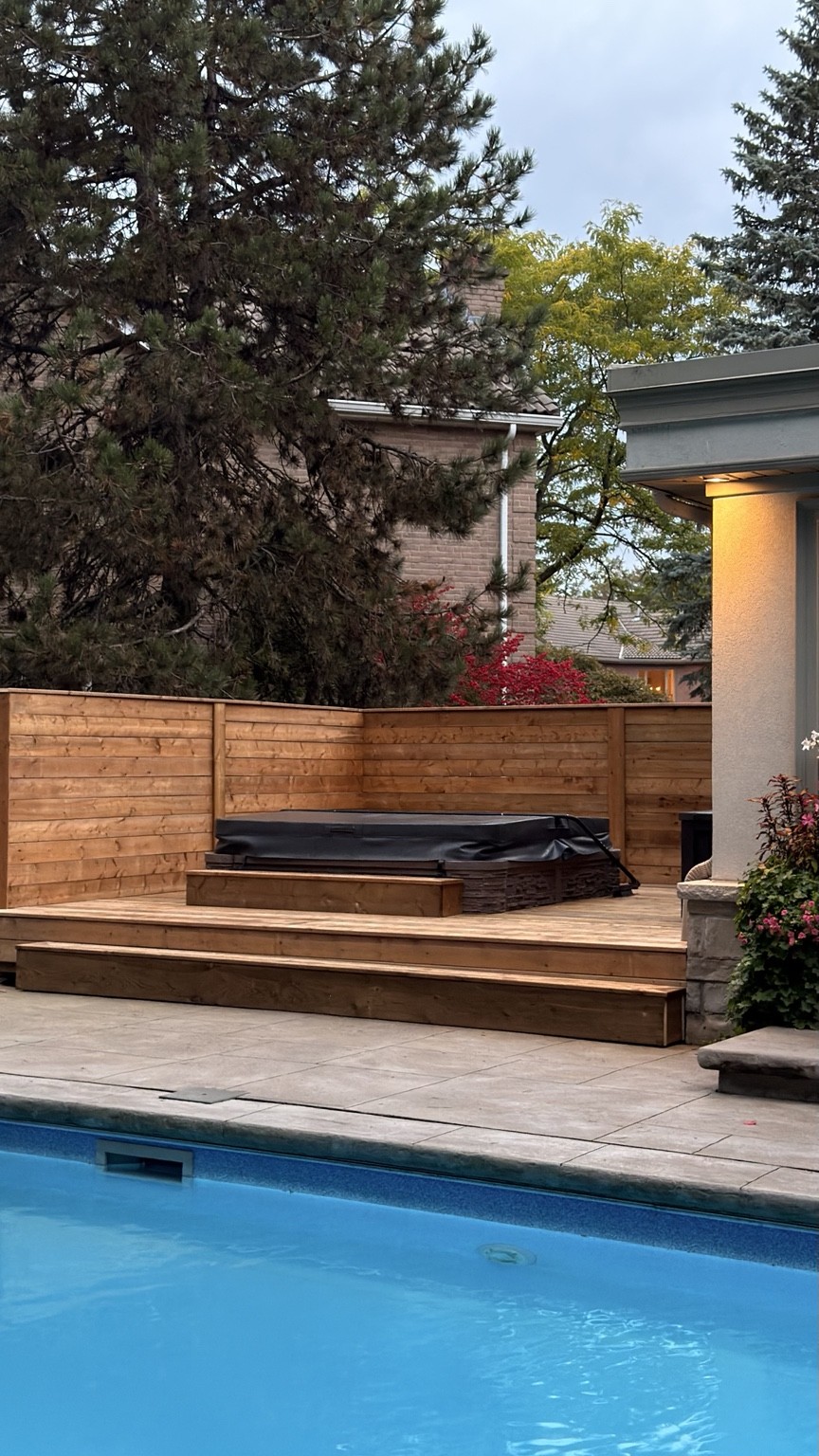 A poolside deck and wood privacy screen beside a hot tub.